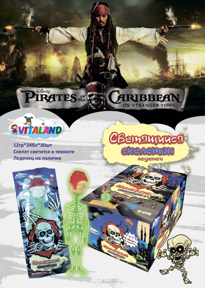 Льодяник Сяючий Скелет, що світиться Vitaland 10г*30шт